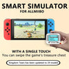 A smart simulator device for AllMiibo, showing a game interface and a hand interacting with it.