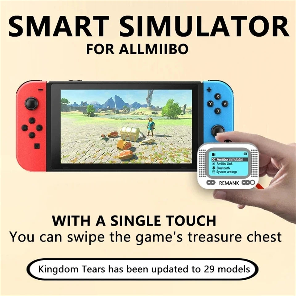 A smart simulator device for AllMiibo, showing a game interface and a hand interacting with it.