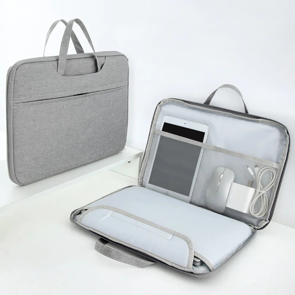 A gray universal laptop sleeve designed to protect a MacBook or PC is shown open and closed.