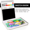 A sketchbook with a cover showing a colorful painting of a bird on water, next to the open book.