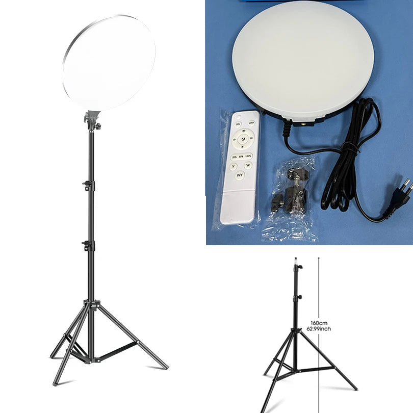A 10-inch LED ring light with a tripod stand and boom arm shown in various configurations.
