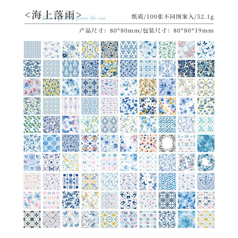 A grid of vintage floral square scrapbook paper sheets in various shades of blue, pink, and yellow.