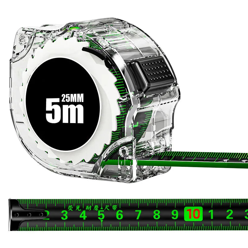A clear plastic self-locking fluorescent steel tape measure with a 5-meter marking visible.