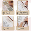 Step-by-step guide showing how to peel off, align tabs with a positioning guide, stick, and complete large print self-adhesiv