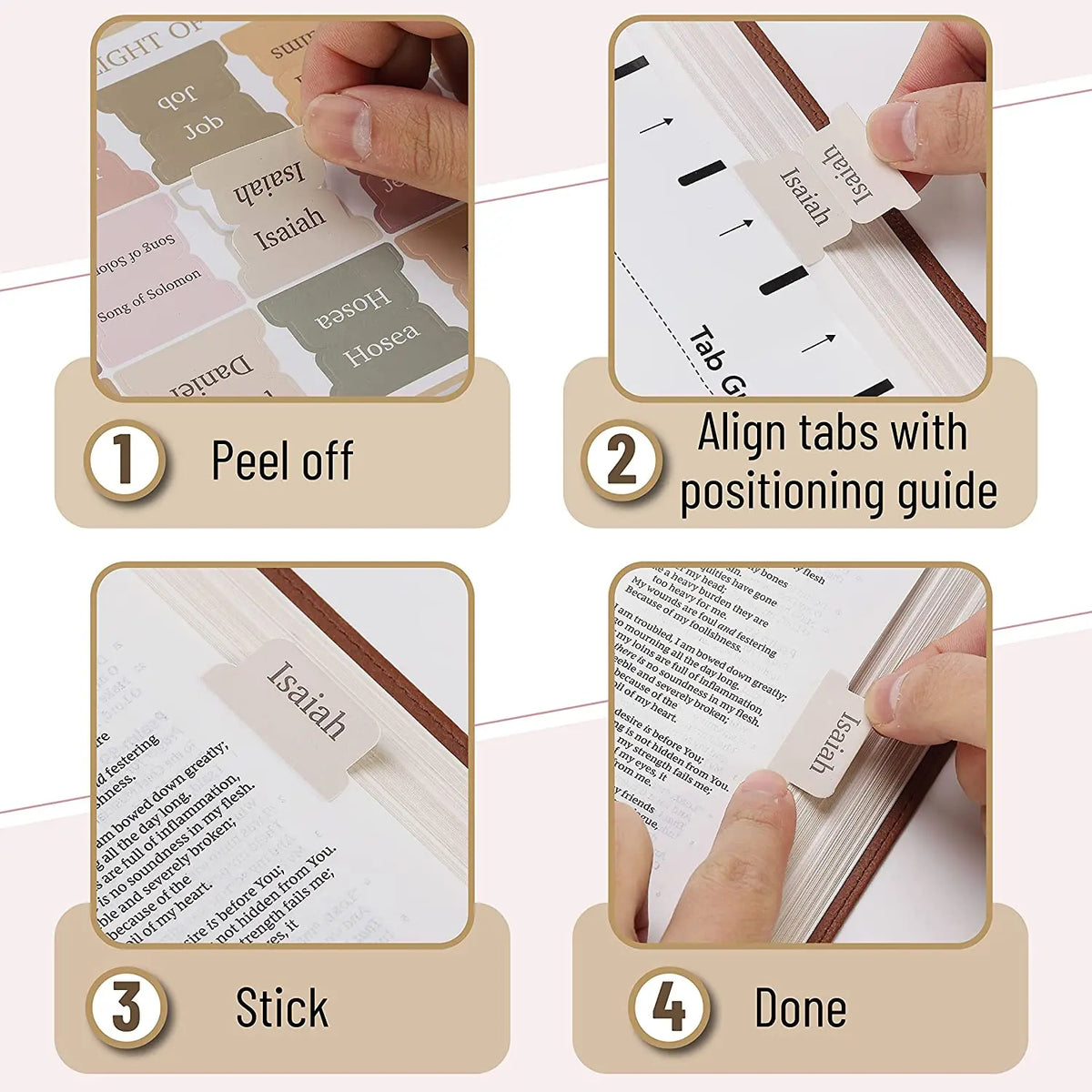 Step-by-step guide showing how to peel off, align tabs with a positioning guide, stick, and complete large print self-adhesiv