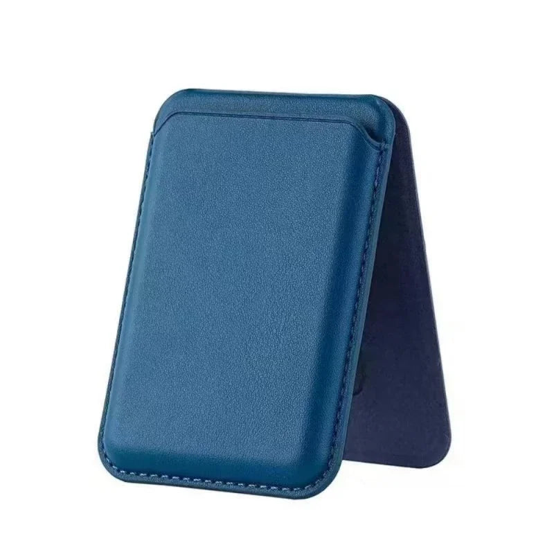 A dark blue magnetic leather wallet with a protective stand case.