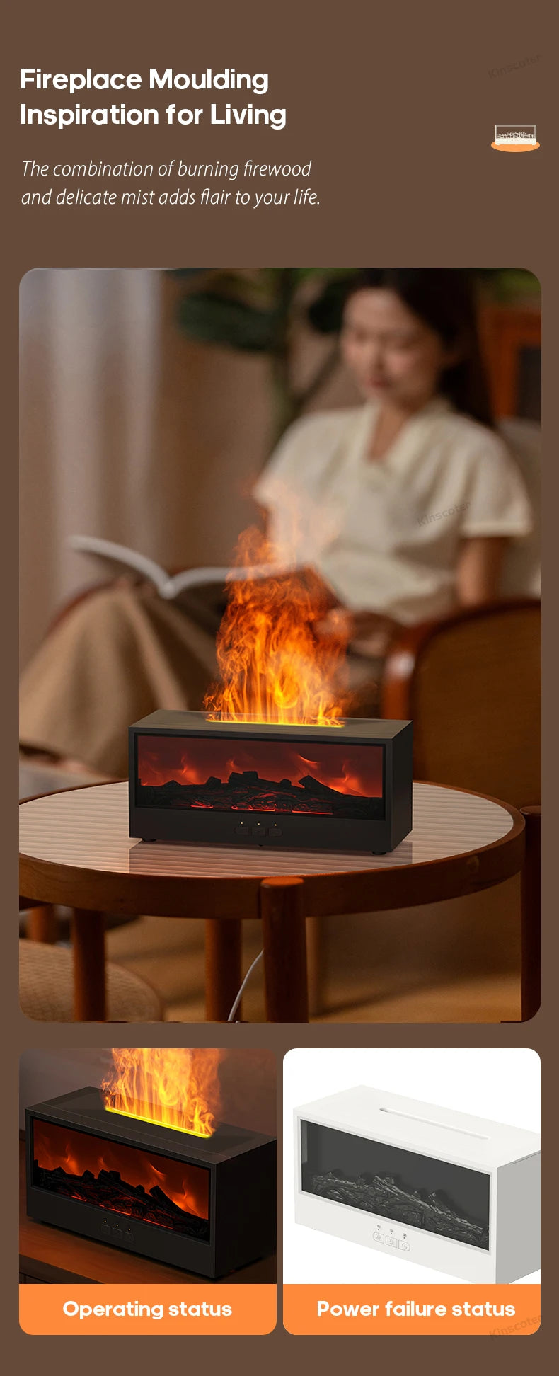 A black fireplace moulding device is shown on a wooden table, emitting bright flames and light.