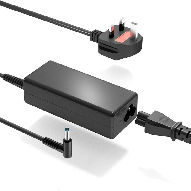 A black AC adapter cable and power brick for an HP laptop.