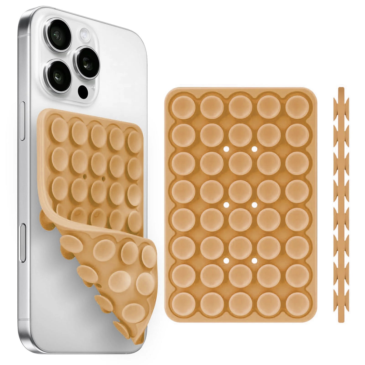 A silver smartphone is shown next to a beige silicone suction cup phone holder and a separate wooden stick.