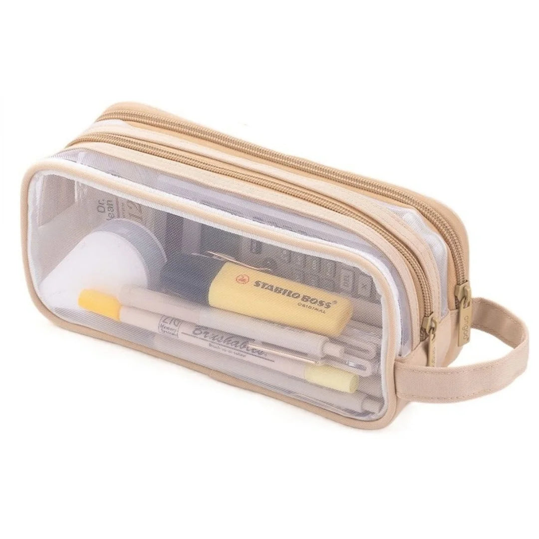 A beige transparent mesh pencil pouch containing several yellow pencils.