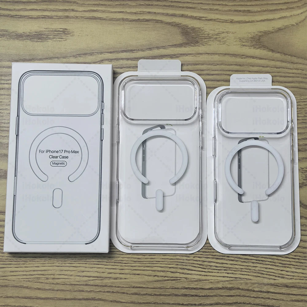 Tres fundas protectoras magnéticas transparentes para iPhone y iPad, mostradas lado a lado en una superficie de madera.