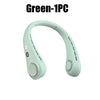 A light mint green hands-free neck fan with an LED display shown from the side.