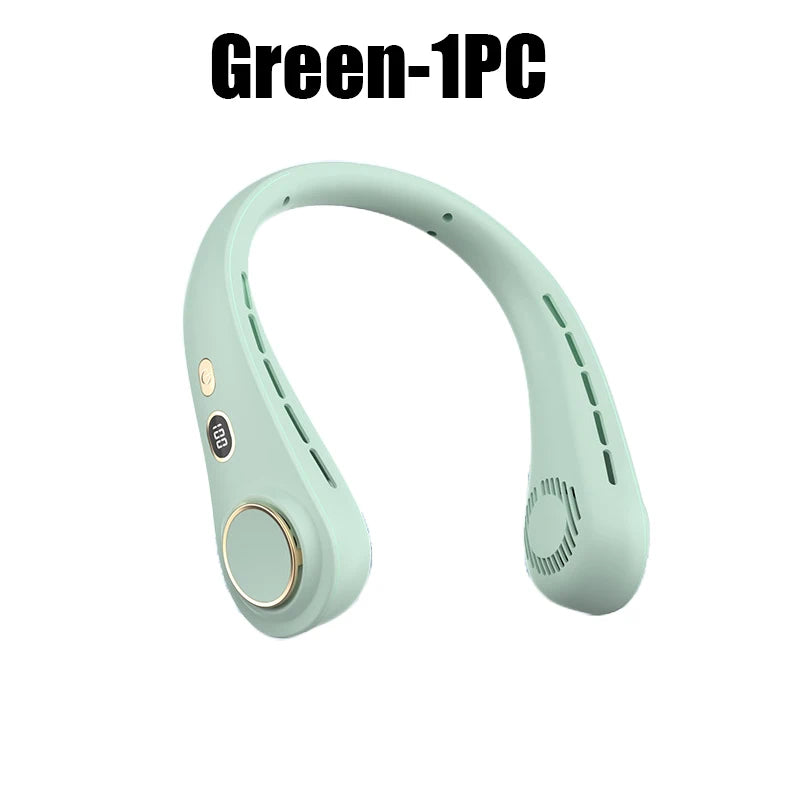 A light mint green hands-free neck fan with an LED display shown from the side.
