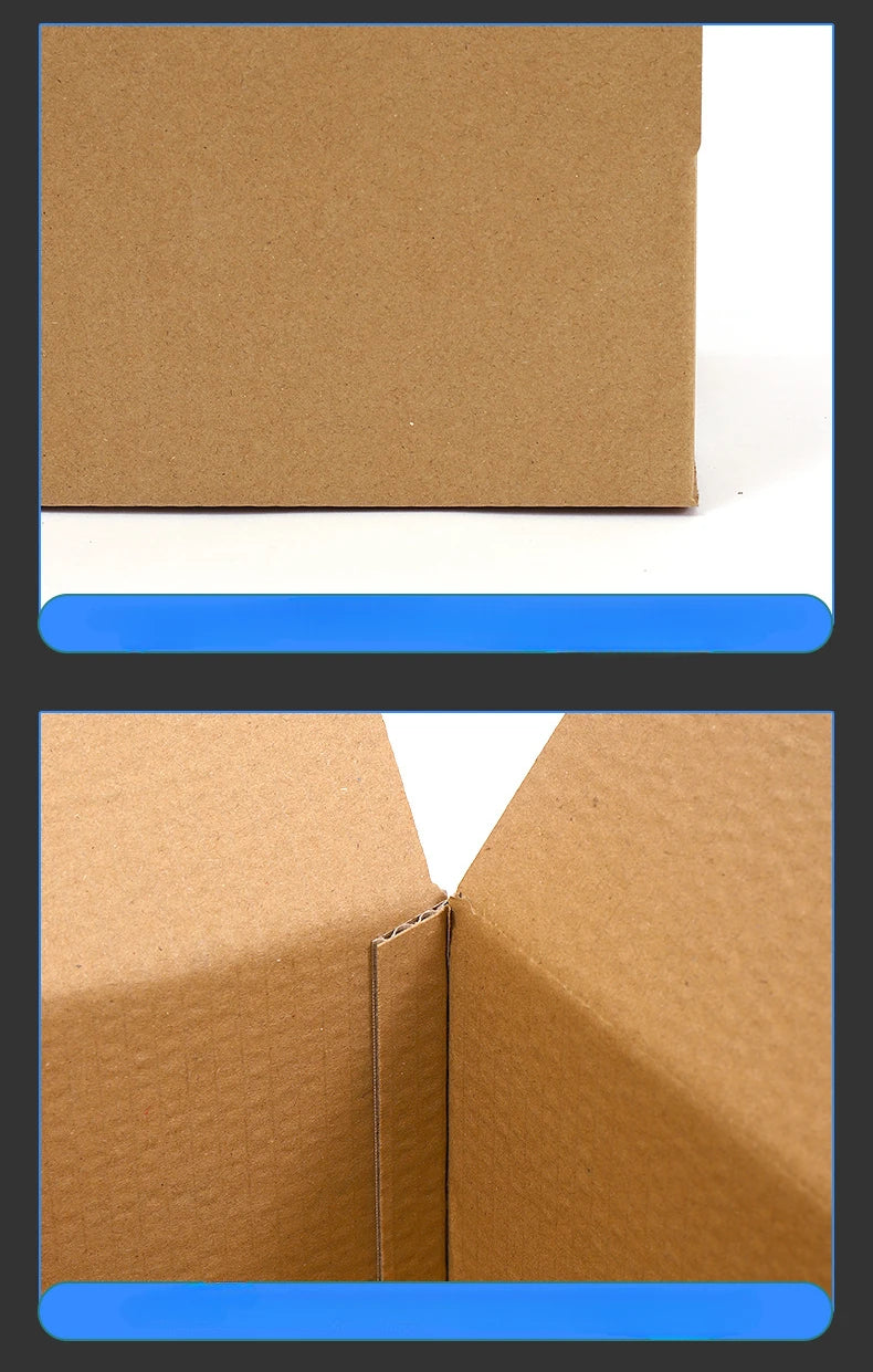 A brown cardboard shipping box shown from the top and an open view of its interior structure.