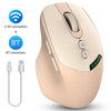A beige wireless mouse showing connection options for 2.4G and Bluetooth connectivity.