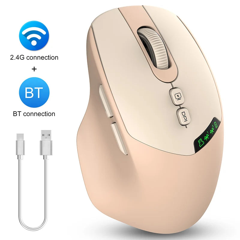 A beige wireless mouse showing connection options for 2.4G and Bluetooth connectivity.