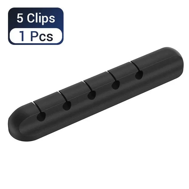 Black silicone cable organizer with five slots for winding and storage.