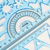 A set of clear blue multi-shape geometric drawing templates and rulers for design and drafting.