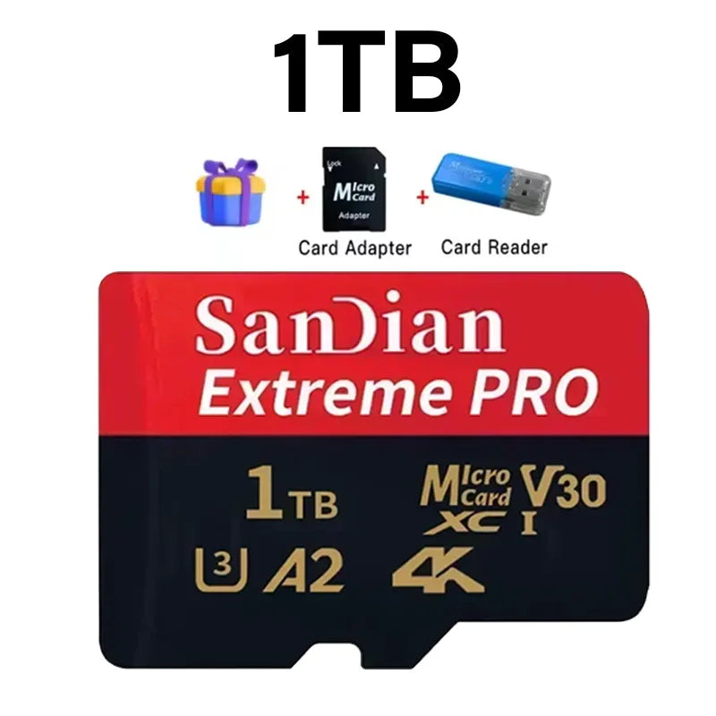 Sandian Extreme PRO 1TB memory card with a card adapter and reader.