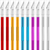 A set of ten precision craft knives with colorful blades and handles in various shades of red, orange, blue, and purple.