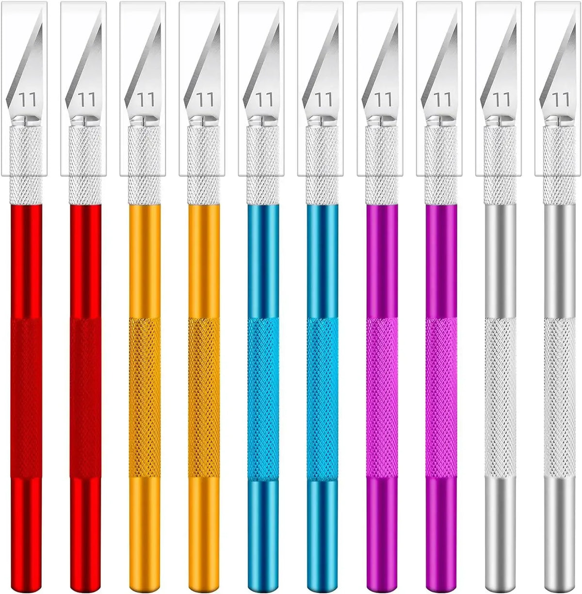 A set of ten precision craft knives with colorful blades and handles in various shades of red, orange, blue, and purple.