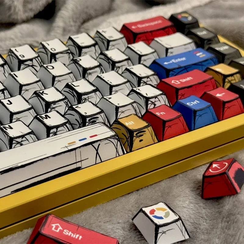 A close-up view of a custom cherry profile mechanical keyboard with various colored keycaps arranged in a yellow tray.