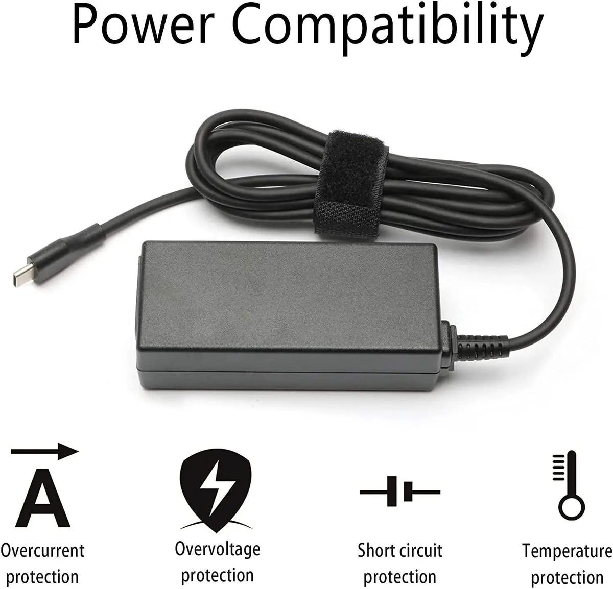 Black power adapter cable and block with protection symbols indicating overcurrent, overvoltage, short circuit, and temperatu