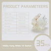 A white linear mechanical keyboard switch is shown with technical parameters and a pile of 35 pieces.
