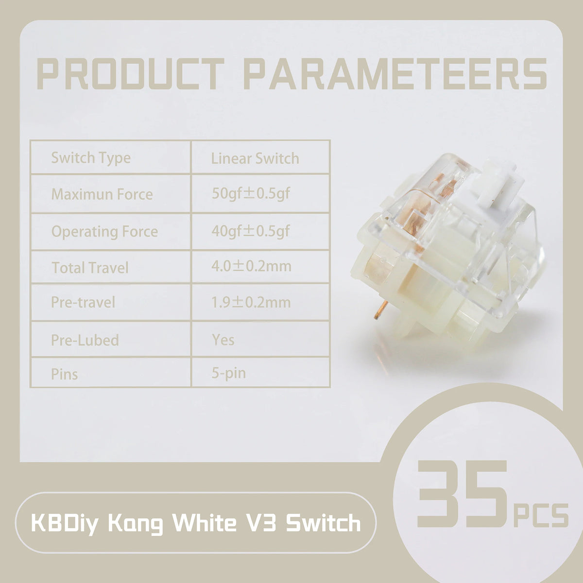 A white linear mechanical keyboard switch is shown with technical parameters and a pile of 35 pieces.