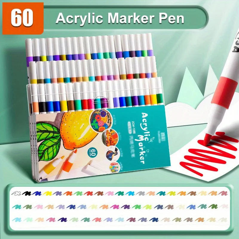 Ein Set von 60 professionellen Acrylmarker-Stiften in verschiedenen Farben, arrangiert in einer Plastiktasche.