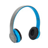 A pair of blue and gray wireless over-ear headphones shown against a white background.