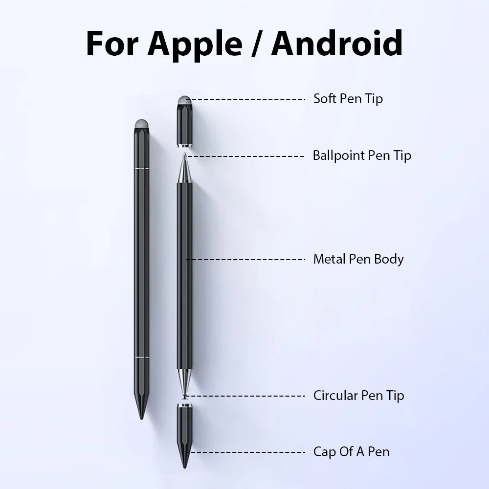 A set of three magnetic stylus pens showing different tips and a metal body for Apple and Android devices.