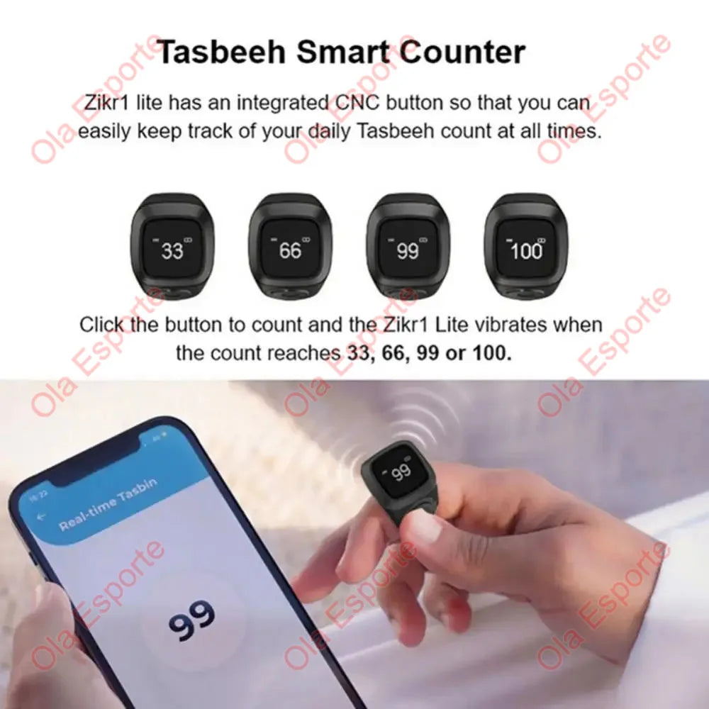 A hand holds a smartphone displaying the number 99 on a digital Zikr ring for prayer counting.
