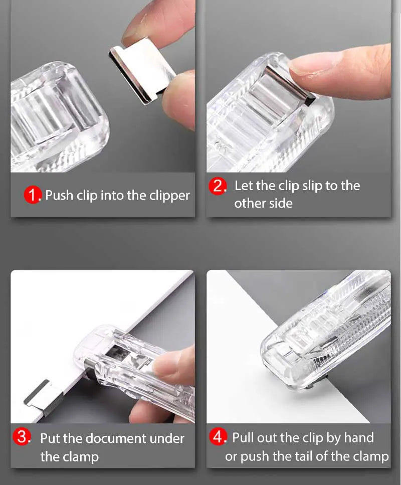Instructions showing how to use a mini reusable hand clamp stapler by pushing the clip, slipping it, and pulling out the docu