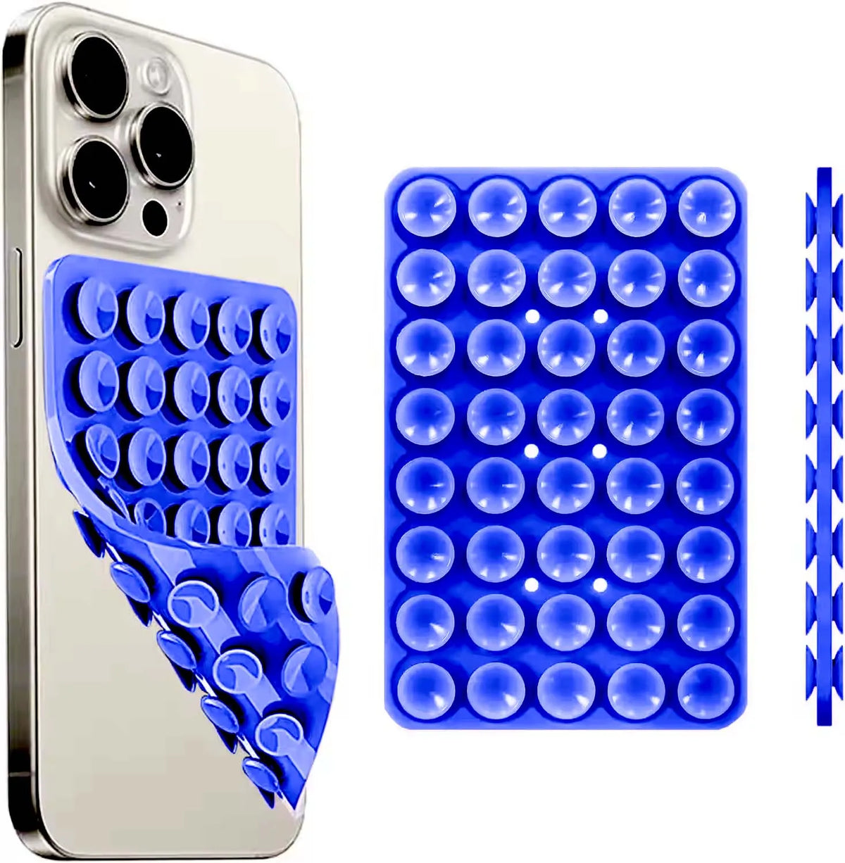 A silver smartphone is shown next to a blue silicone suction cup mount with multiple circular cups.