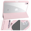 A pink protective case for an iPad showing various angles and features.
