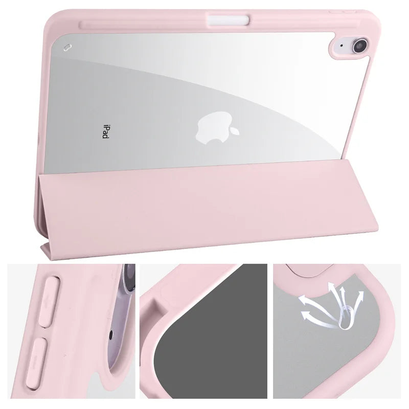 A pink protective case for an iPad showing various angles and features.