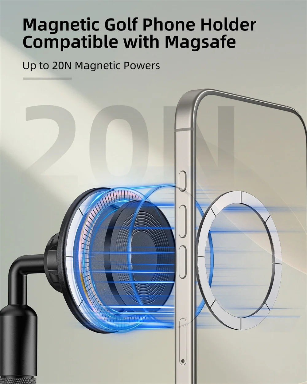 A magnetic golf phone holder compatible with MagSafe attached to a smartphone.