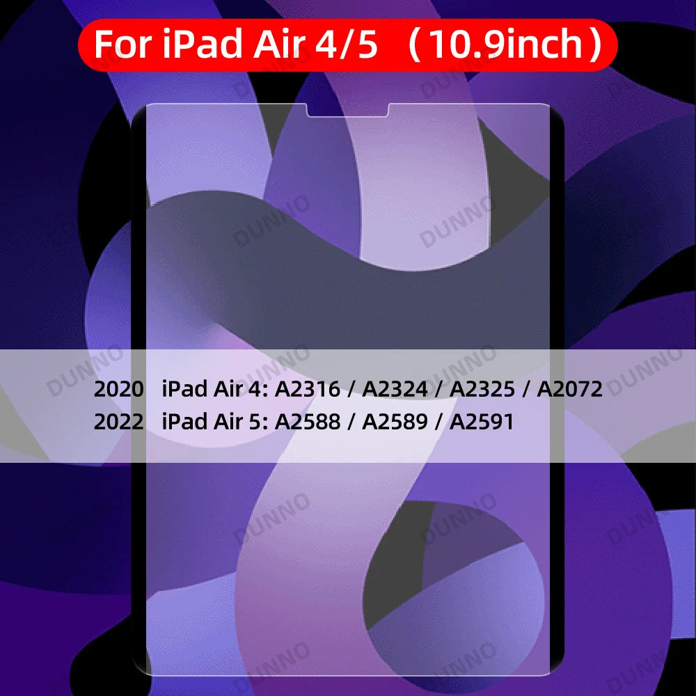 Anzeige mit verschiedenen Modellnummern für iPad Air 4 und Air 5 Displayschutzfolien.