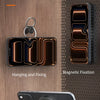 A magnetic phone stand is shown with a smartphone, demonstrating hanging and fixing for desktop placement.