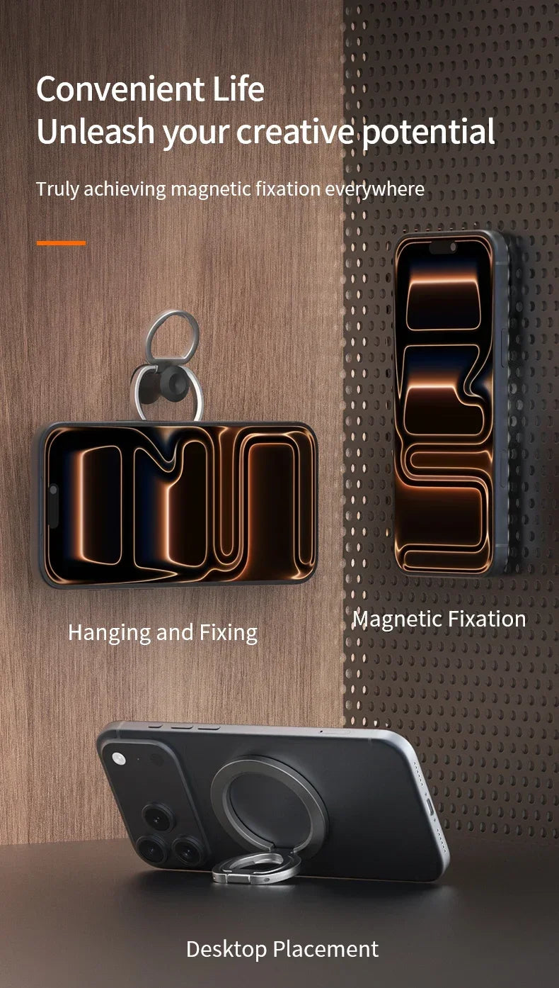 A magnetic phone stand is shown with a smartphone, demonstrating hanging and fixing for desktop placement.