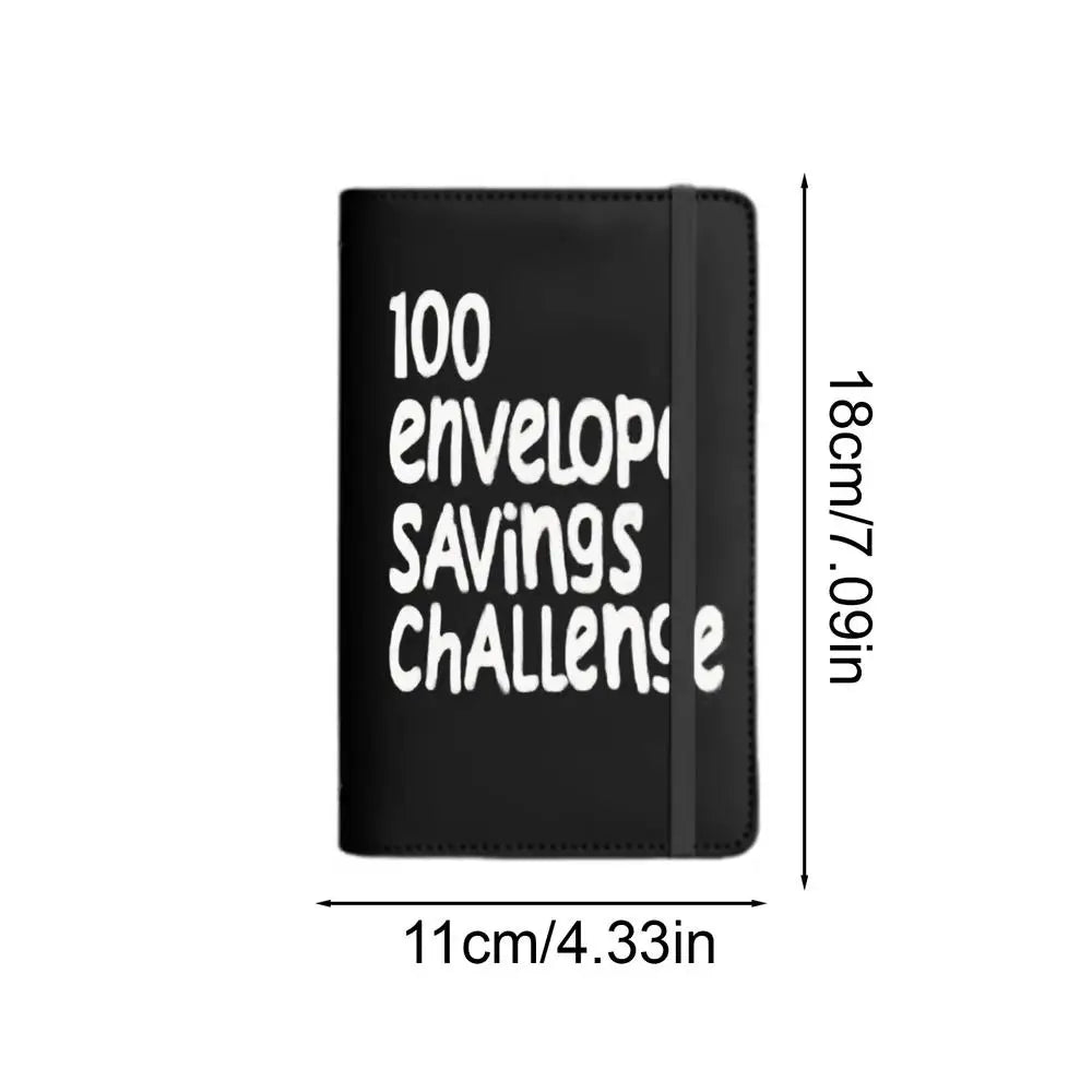 Black budget binder cover with white text reading 100 envelope savings challenge