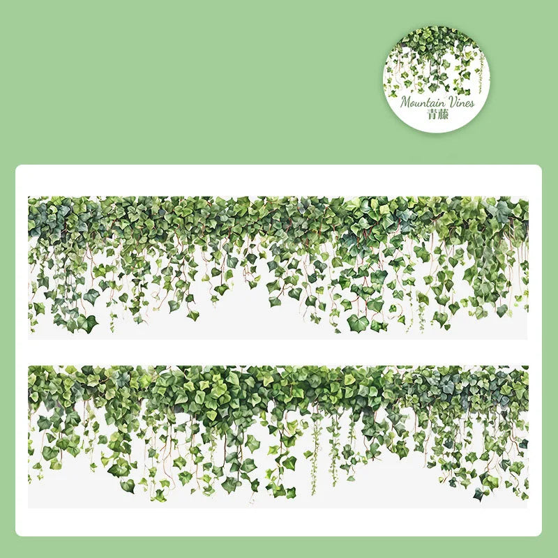 Green floral vine transparent PET washi tape for journaling and crafts