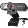 Webcam autofocus 2K HD noire montée sur trépied pour conférence et streaming.