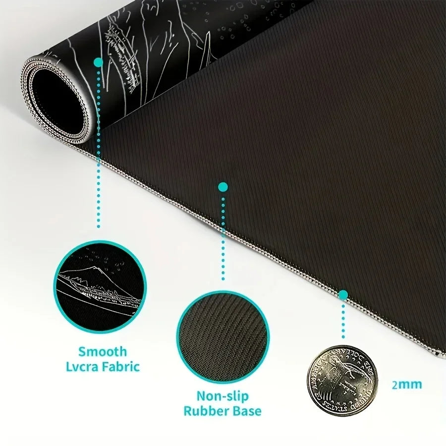 A roll of black fabric mouse pad with a silver edge and circular icons highlighting its smooth fabric, non-slip rubber base, 