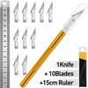 A precision craft knife set featuring 11 stainless steel blades and a 15cm steel ruler.