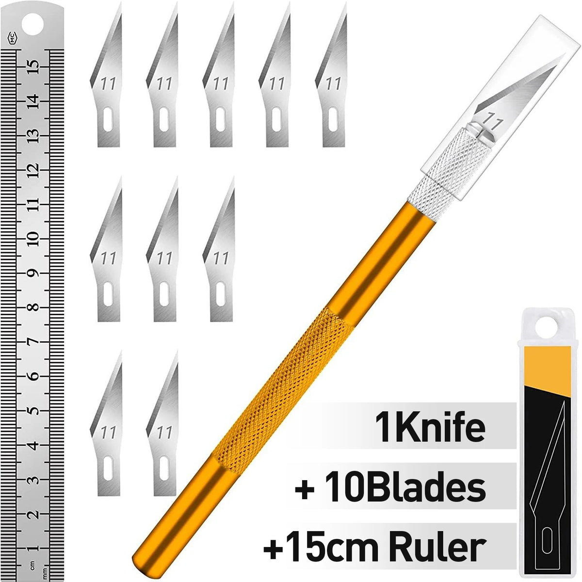 A precision craft knife set featuring 11 stainless steel blades and a 15cm steel ruler.