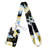 A black and white patterned cat themed lanyard with a card holder attached.