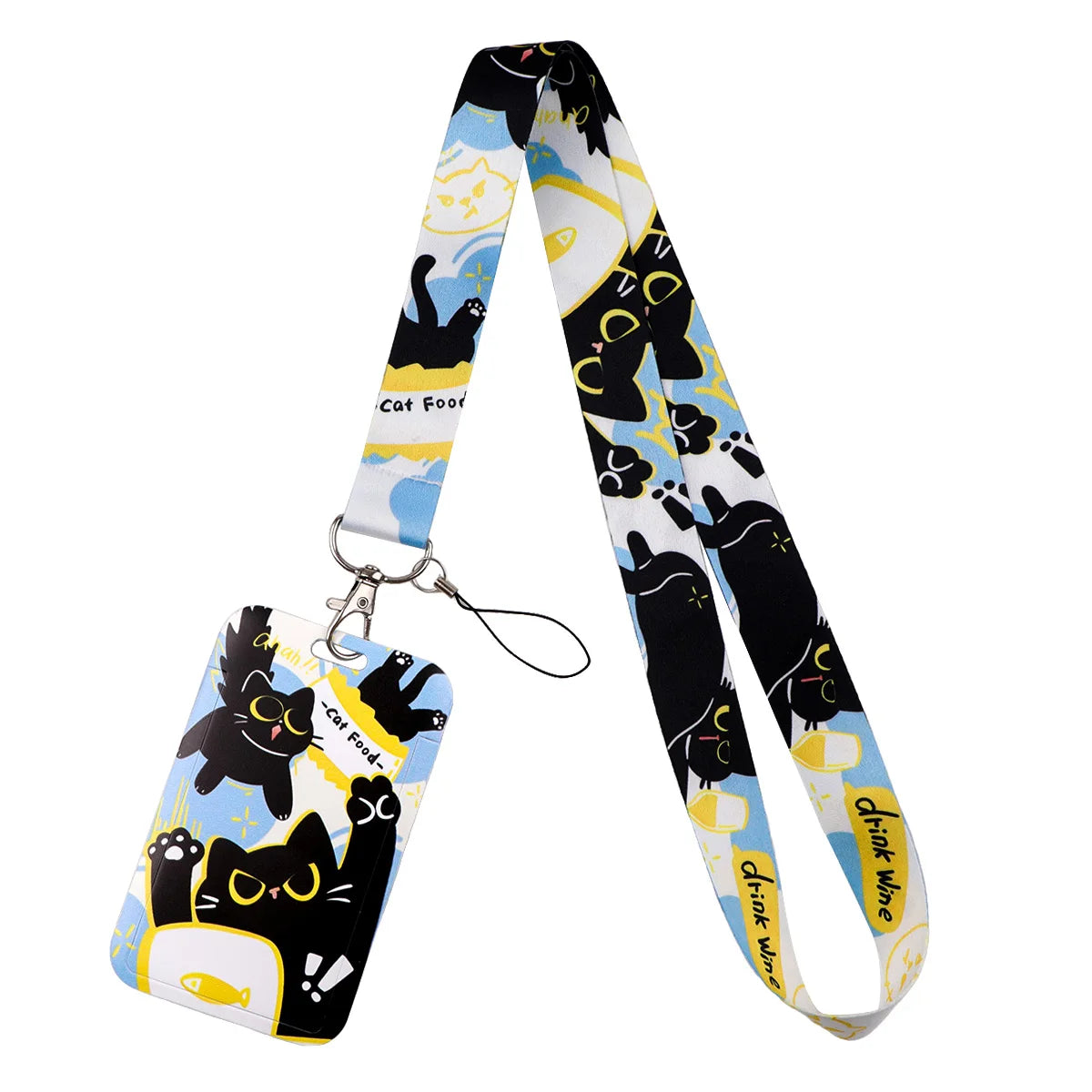 A black and white patterned cat themed lanyard with a card holder attached.