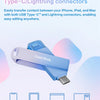 Memoria USB SanDisk azul con conectores Type-C y Lightning, junto a diversos dispositivos electrónicos.